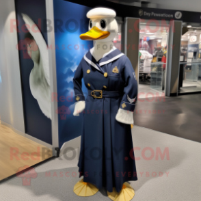 Navy Goose mascot costume character dressed with a Maxi Skirt and Lapel pins