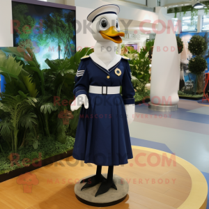 Navy Goose mascot costume character dressed with a Maxi Skirt and Lapel pins