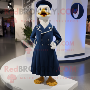 Navy Goose mascot costume character dressed with a Maxi Skirt and Lapel pins