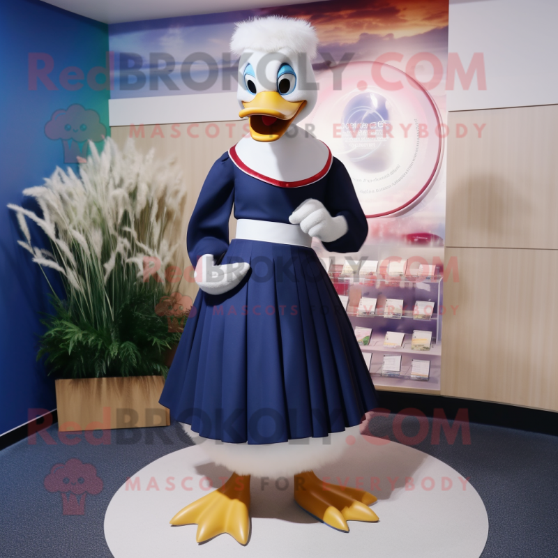 Navy Goose mascot costume character dressed with a Maxi Skirt and Lapel pins