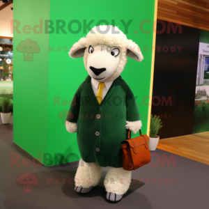 Forest Green Merino Sheep mascot costume character dressed with a Suit Pants and Clutch bags