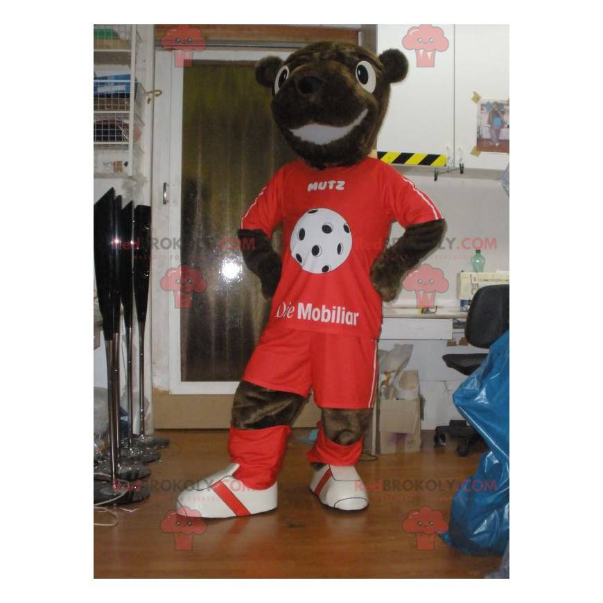 Mascota de castor de peluche marrón en ropa deportiva -