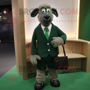 Forest Green Merino Sheep mascot costume character dressed with a Suit Pants and Clutch bags