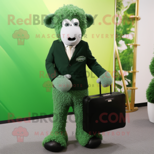 Forest Green Merino Sheep mascot costume character dressed with a Suit Pants and Clutch bags