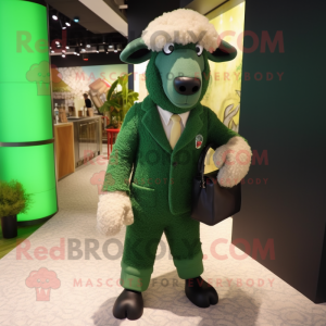 Forest Green Merino Sheep mascot costume character dressed with a Suit Pants and Clutch bags