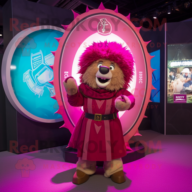 Magenta Celtic Shield mascot costume character dressed with a Parka and Hairpins Magenta Celtic Shield mascot costume character dressed with a Parka and Hairpins