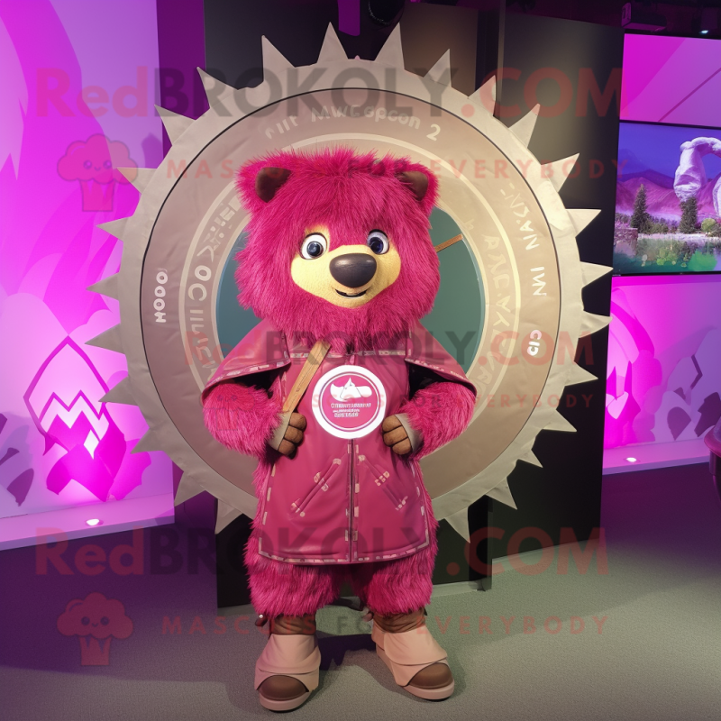 Magenta Celtic Shield mascot costume character dressed with a Parka and Hairpins Magenta Celtic Shield mascot costume character dressed with a Parka and Hairpins