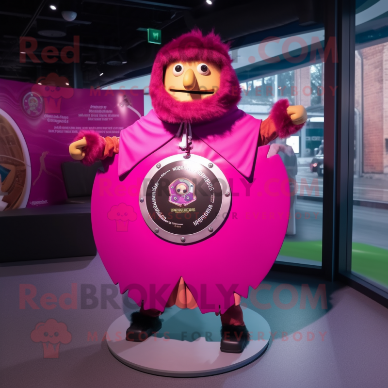 Magenta Celtic Shield mascot costume character dressed with a Parka and Hairpins Magenta Celtic Shield mascot costume character dressed with a Parka and Hairpins