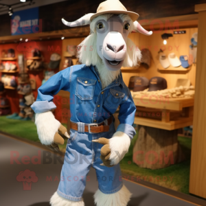 Cyan Boer Goat mascot costume character dressed with a Denim Shorts and Belts