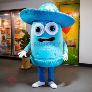 Sky Blue Tacos mascot costume character dressed with a Jeggings and Hats