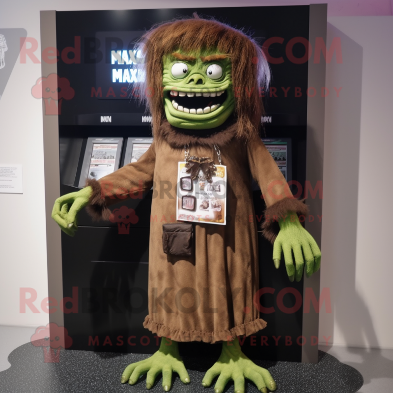 Brown Frankenstein'S Monster mascot costume character dressed with a Maxi Skirt and Lapel pins