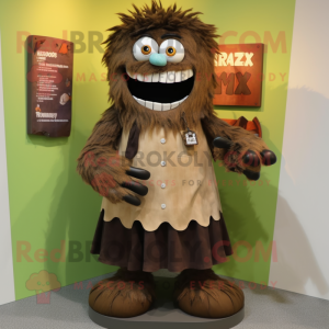 Brown Frankenstein'S Monster mascot costume character dressed with a Maxi Skirt and Lapel pins