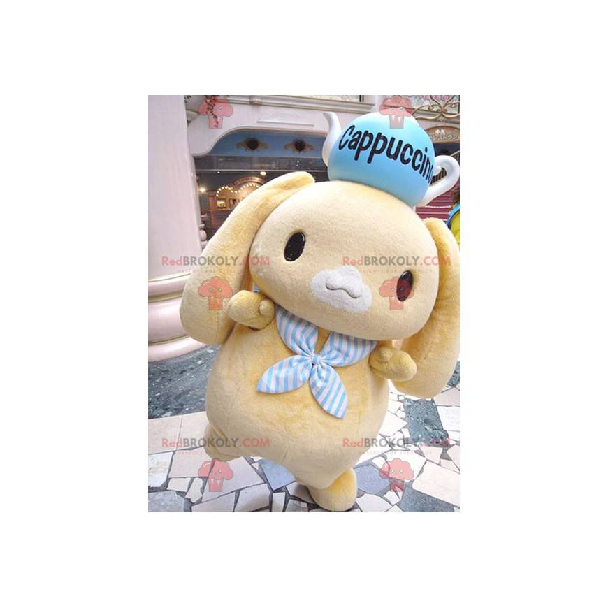 Mascot little yellow rabbit with a teapot on his head -