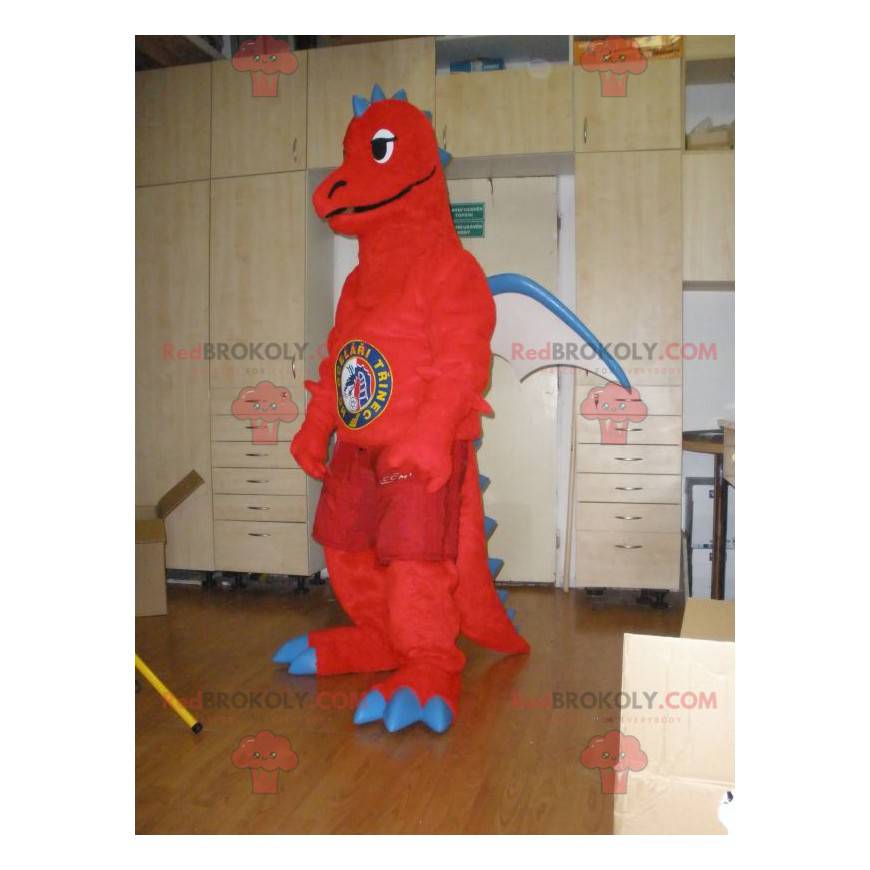Mascota dragón gigante rojo, blanco y azul - Redbrokoly.com
