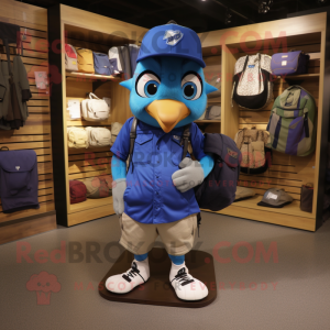 Blue Blue Jay mascot costume character dressed with a Cargo Shorts and Wallets