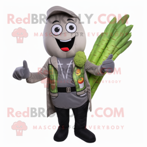 Gray Asparagus mascot costume character dressed with a Bomber Jacket and Ties