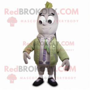 Gray Asparagus mascot costume character dressed with a Bomber Jacket and Ties