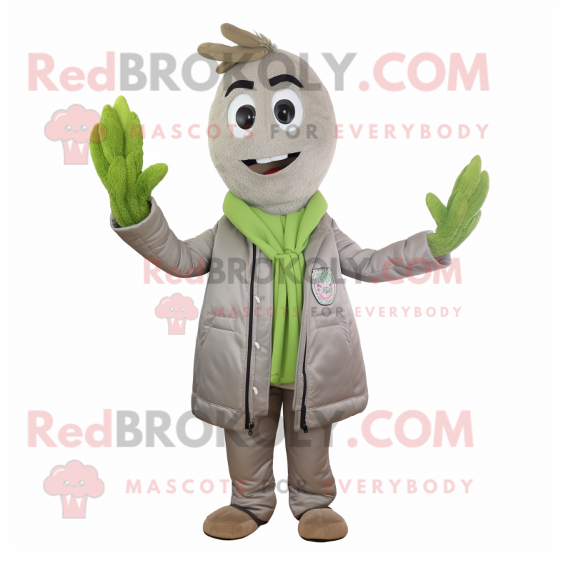 Gray Asparagus mascot costume character dressed with a Bomber Jacket and Ties