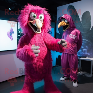 Magenta Vulture mascot costume character dressed with a Jumpsuit and Watches