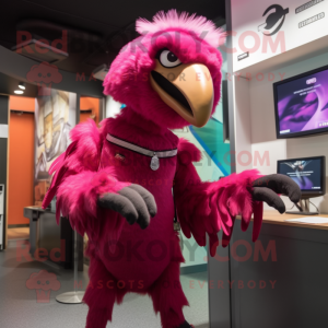 Magenta Vulture mascot costume character dressed with a Jumpsuit and Watches