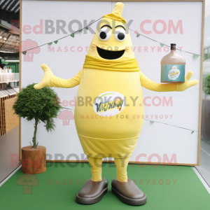 Olive Bottle Of Mustard mascot costume character dressed with a V-Neck Tee and Belts
