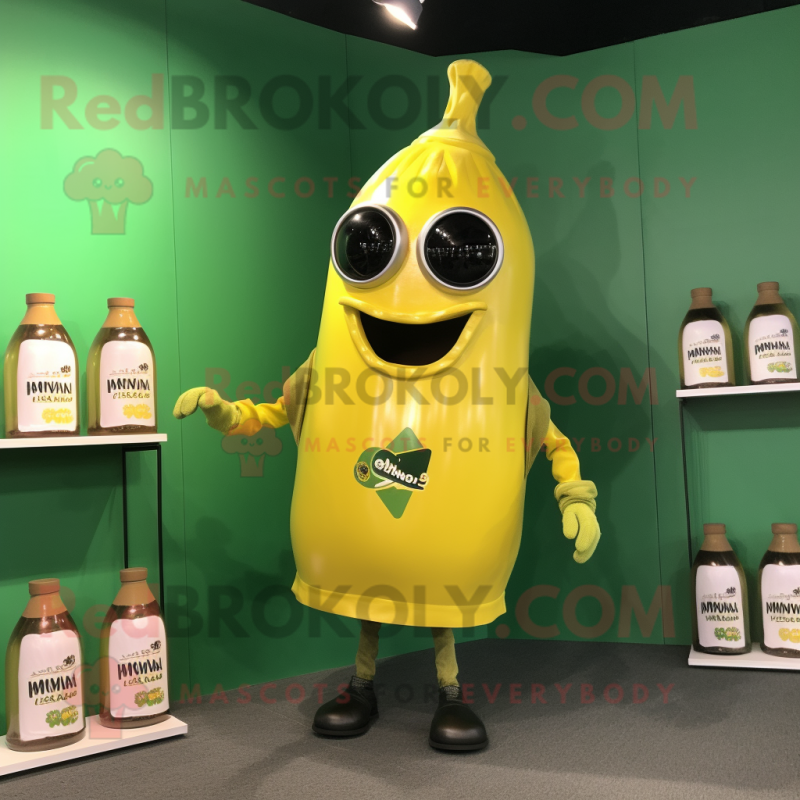 Olive Bottle Of Mustard mascot costume character dressed with a V-Neck Tee and Belts Olive Bottle Of Mustard mascot costume character dressed with a V-Neck Tee and Belts