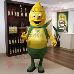 Olive Bottle Of Mustard mascot costume character dressed with a V-Neck Tee and Belts