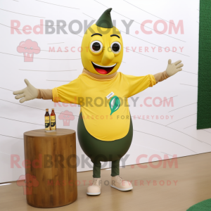 Olive Bottle Of Mustard mascot costume character dressed with a V-Neck Tee and Belts