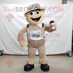 Beige Soda Can mascot costume character dressed with a Overalls and Foot pads