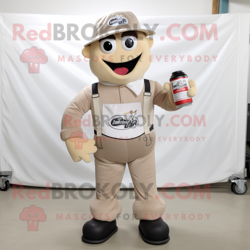 Beige Soda Can mascot costume character dressed with a Overalls and Foot pads Beige Soda Can mascot costume character dressed with a Overalls and Foot pads