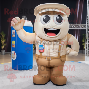 Beige Soda Can mascot costume character dressed with a Overalls and Foot pads