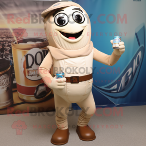 Beige Soda Can mascot costume character dressed with a Overalls and Foot pads