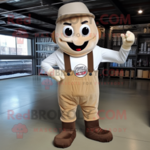 Beige Soda Can mascot costume character dressed with a Overalls and Foot pads