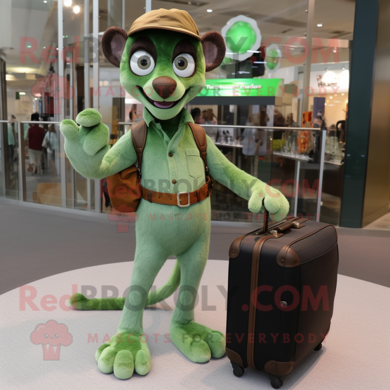 Green Lemur mascot costume character dressed with a Mom Jeans and Briefcases Green Lemur mascot costume character dressed with a Mom Jeans and Briefcases
