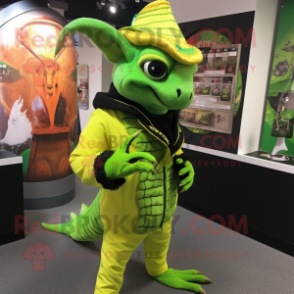 Lime Green Chupacabra mascot costume character dressed with a Coat and Brooches