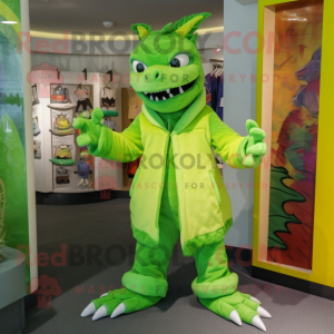 Lime Green Chupacabra mascot costume character dressed with a Coat and Brooches