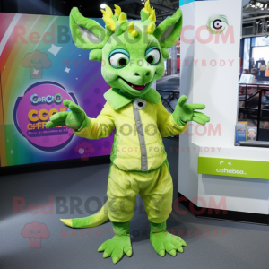 Lime Green Chupacabra mascot costume character dressed with a Coat and Brooches