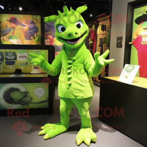Lime Green Chupacabra mascot costume character dressed with a Coat and Brooches