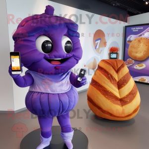 Purple Croissant mascot costume character dressed with a Evening Gown and Smartwatches