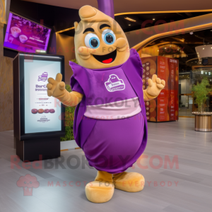 Purple Croissant mascot costume character dressed with a Evening Gown and Smartwatches
