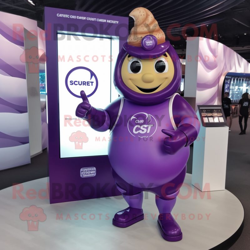 Purple Croissant mascot costume character dressed with a Evening Gown and Smartwatches Purple Croissant mascot costume character dressed with a Evening Gown and Smartwatches