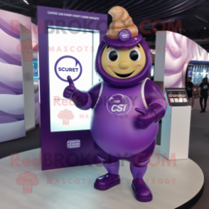 Purple Croissant mascot costume character dressed with a Evening Gown and Smartwatches