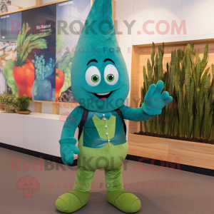 Teal Asparagus mascot costume character dressed with a Jeans and Mittens