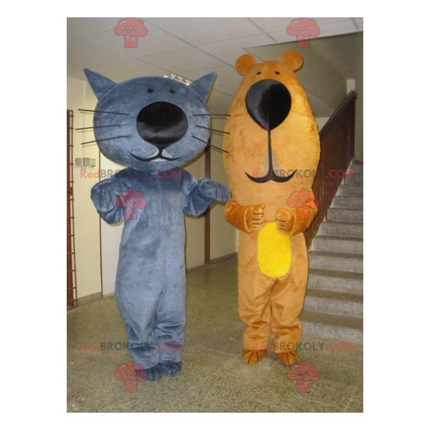 2 mascots a blue cat and a brown bear - Redbrokoly.com