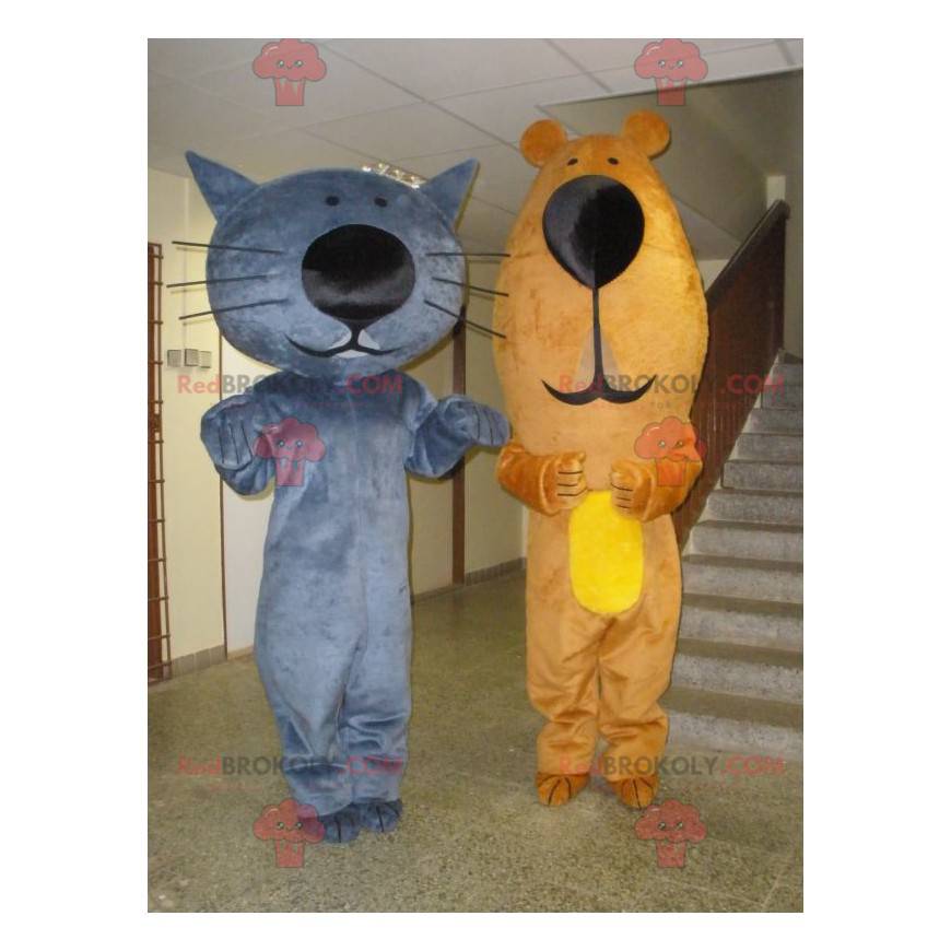 2 mascottes een blauwe kat en een bruine beer - Redbrokoly.com