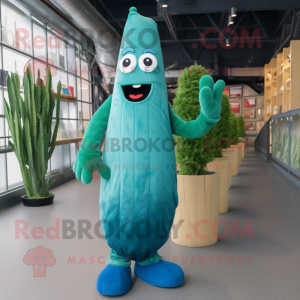 Teal Asparagus mascot costume character dressed with a Jeans and Mittens
