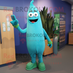 Teal Asparagus mascot costume character dressed with a Jeans and Mittens