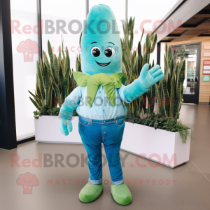 Teal Asparagus mascot costume character dressed with a Jeans and Mittens