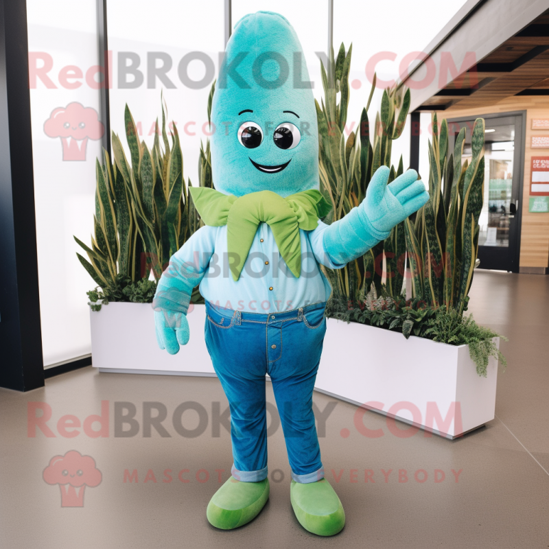 Teal Asparagus mascot costume character dressed with a Jeans and Mittens Teal Asparagus mascot costume character dressed with a Jeans and Mittens