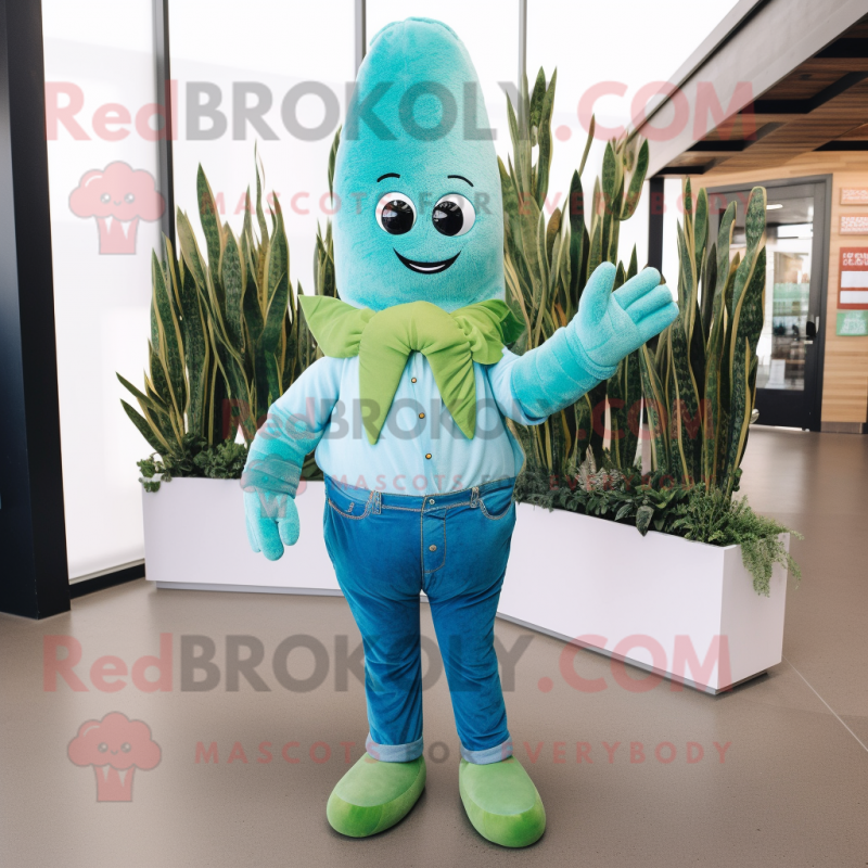 Teal Asparagus mascot costume character dressed with a Jeans and Mittens